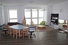 Ein heller gruppenraum, mit einem Tisch und Stühlen, sowie einer Bücherecke und ein Rollenspielbreich vor den großen Fenstern