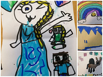 Auf dem Bild sind vier gemalte Kinderbilder zu sehen. Auf dem einem eine Frau mit langen blonden Haaren, blauen Augen und einem blauen Kleid. Auf einem weiteren Bild ist eine Regenbogen mit vielen verschiedenen Farben und darunter einer kleinen Sonne zu sehen. Auf den weiteren Bildern kann man z.B. blaue Zacken oder ein braunes Tier erkennen.