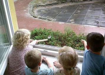Vier Kinder stehen vor einem geöffnetem Fenster. Die Steine und Pflanzen draussen vor dem Fenster sind nass vom Regen. Ein Kind hält eine Suppenkelle mit gestrecktem Arm und versucht in dieser Regen zu fangen.