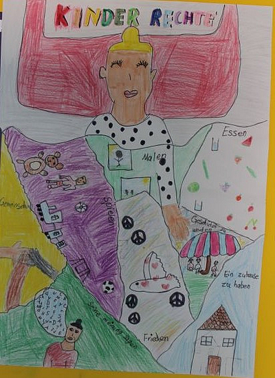 gemaltes Bild mit verschiedenen Symbolen zum Thema Kinderrechte