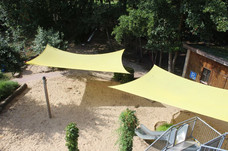 Eine Luftaufnahme des Außengeländes. Ein großer Sandkasten über den zwei Sonnensegel gespannt sind. Dahinter ein schattiger Platz mit vielen Bäumen.