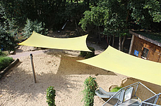 Eine Luftaufnahme des Außengeländes. Ein großer Sandkasten über den zwei Sonnensegel gespannt sind. Dahinter ein schattiger Platz mit vielen Bäumen.